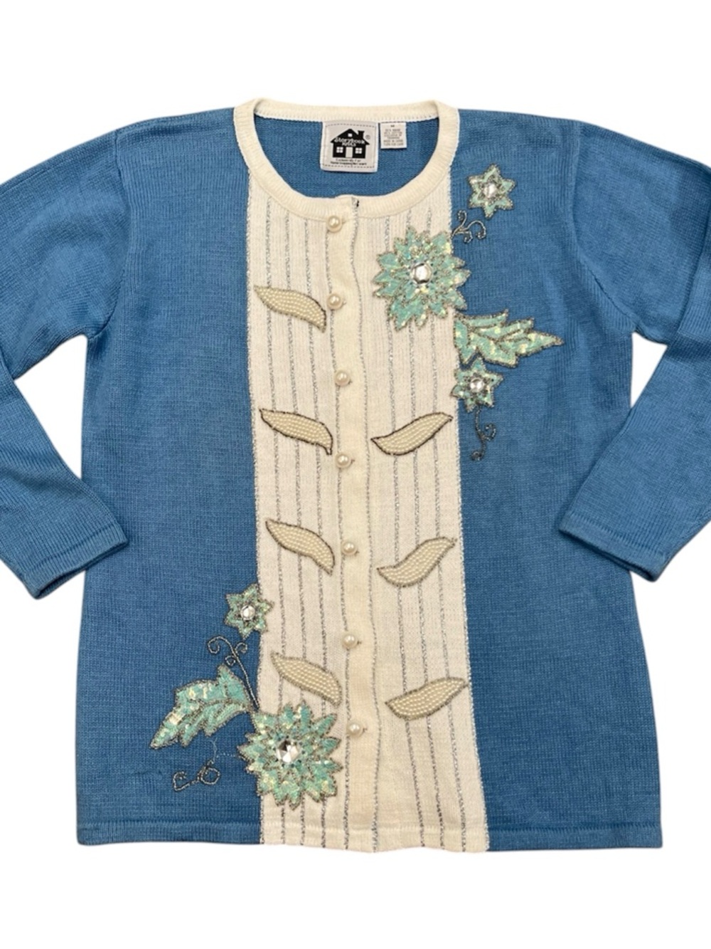 Storybook Knits Pearl Beaded Cardigan Sweater Floral Vintage Teacher